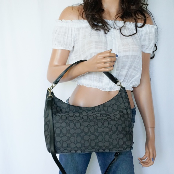 Authentic COACH #C0669 Black Leather & Gray Jacquard Satchel  Coach Jacquard Leather Convertible Bag Grey Black